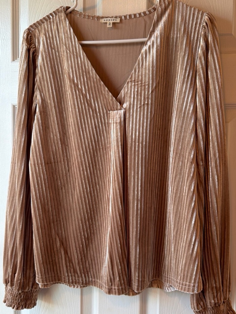Metallic Taupe Pleated V-Neck Long Sleeve Top